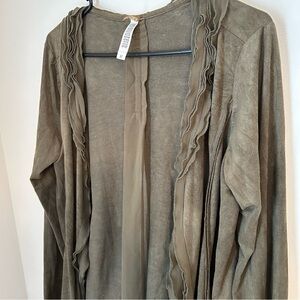 Mariaretto Medium Olive Green Cardigan Open Front Ruffle Detail Long Sleeve